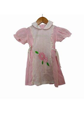 Sears vintage toddler pink white pinafore panel lace trim Dress 3T